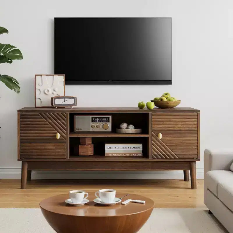 CLIHOME Meuble TV Moderne du Milieu du Siècle de 110 cm pour TV 32/45 Pouces, Centre de Divertissement avec Rangement, Table Console Multimédia, Noyer