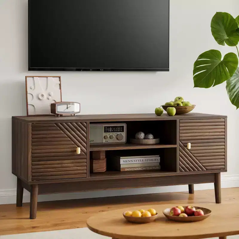 CLIHOME Meuble TV Moderne du Milieu du Siècle de 110 cm pour TV 32/45 Pouces, Centre de Divertissement avec Rangement, Table Console Multimédia, Noyer