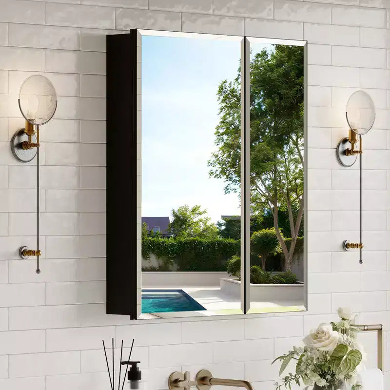 Armoire de toilette Belle avec miroir biseauté, encastrable ou murale, étagères réglables en verre trempé