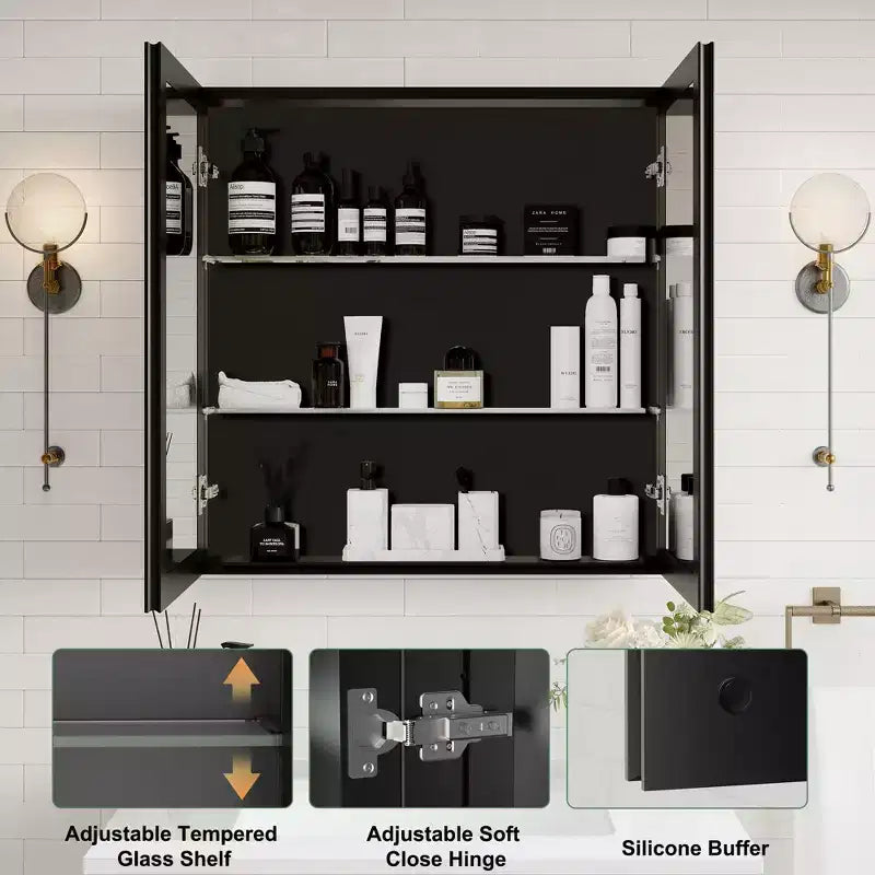 Armoire de toilette Belle avec miroir biseauté, encastrable ou murale, étagères réglables en verre trempé