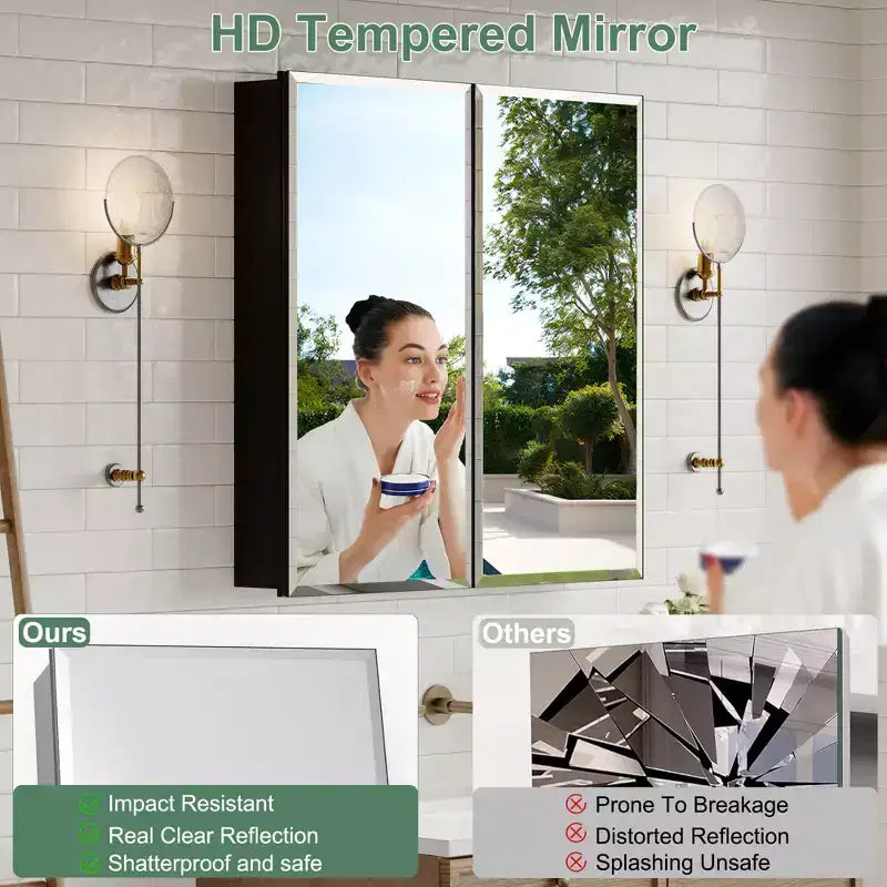 Armoire de toilette Belle avec miroir biseauté, encastrable ou murale, étagères réglables en verre trempé