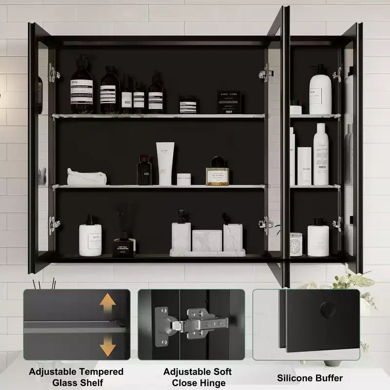 Armoire de toilette Belle avec miroir biseauté, encastrable ou murale, étagères réglables en verre trempé