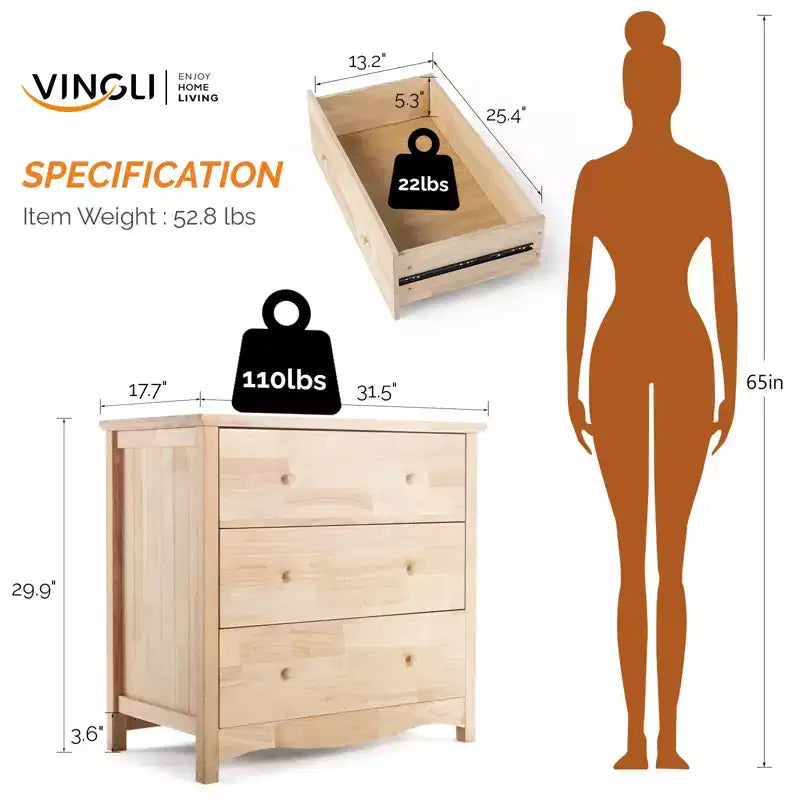 Commode à 3 tiroirs en MDF (panneau de fibres de densité moyenne) naturel Karl Home de 80 cm de large