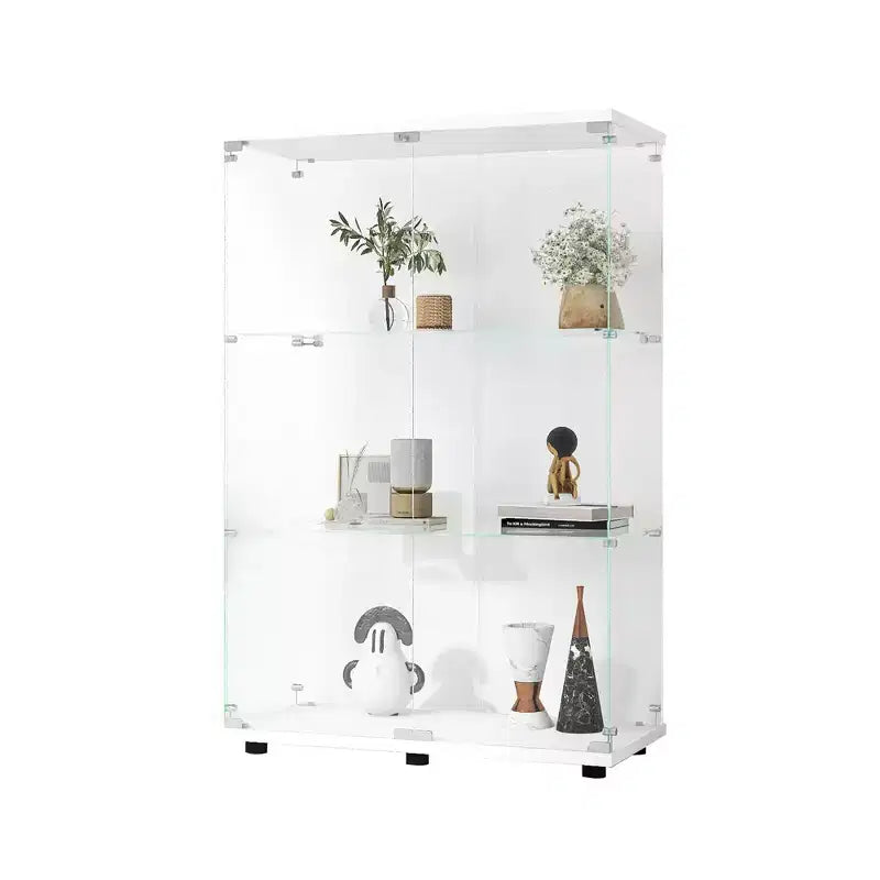 MAYEERTY Two Door Glass Display Cabinet 3 Shelves Floor Standing Curio 49.3x31.7x14.3 Inches Living Room Bedroom Office White