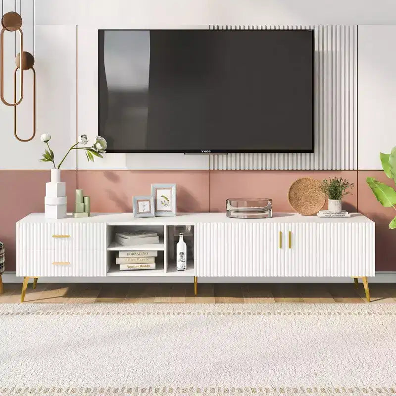 TROPOW TV Stand with Storage Drawer, Entertainment Center with 2 Cabinet Doors and 2 Drawers, Low Profile TV Cabinet for TVs up to 75 Inch,White