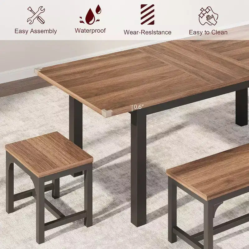 Ensemble de table à manger extensible pour 48 personnes avec bancs et tabourets, grande table de cuisine et de salle à manger en bois de 63 pouces