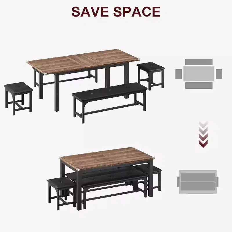 Ensemble de table à manger extensible pour 48 personnes avec bancs et tabourets, grande table de cuisine et de salle à manger en bois de 63 pouces