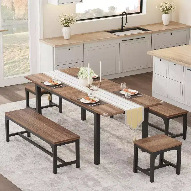 Ensemble de table à manger extensible pour 48 personnes avec bancs et tabourets, grande table de cuisine et de salle à manger en bois de 63 pouces