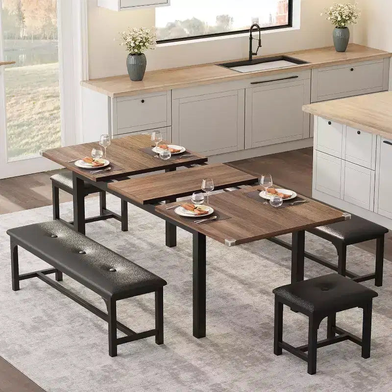 Ensemble de table à manger extensible pour 48 personnes avec bancs et tabourets, grande table de cuisine et de salle à manger en bois de 63 pouces