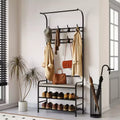 4-in-1 Hall Tree Shoe Bench, Entryway Storage Bench with 8 Sturdy Hooks, Freestanding Coat Rack for Small Spaces, Apartments, Bedroom