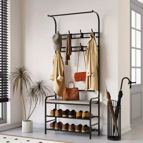 4-in-1 Hall Tree Shoe Bench, Entryway Storage Bench with 8 Sturdy Hooks, Freestanding Coat Rack for Small Spaces, Apartments, Bedroom