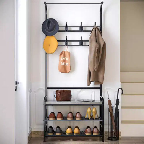 Banc à chaussures avec porte-manteau 4-en-1, banc de rangement pour entrée avec 8 crochets robustes, porte-manteau sur pied pour petits espaces, appartements, chambre à coucher