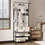 Banc à chaussures avec porte-manteau 4-en-1, banc de rangement pour entrée avec 8 crochets robustes, porte-manteau sur pied pour petits espaces, appartements, chambre à coucher