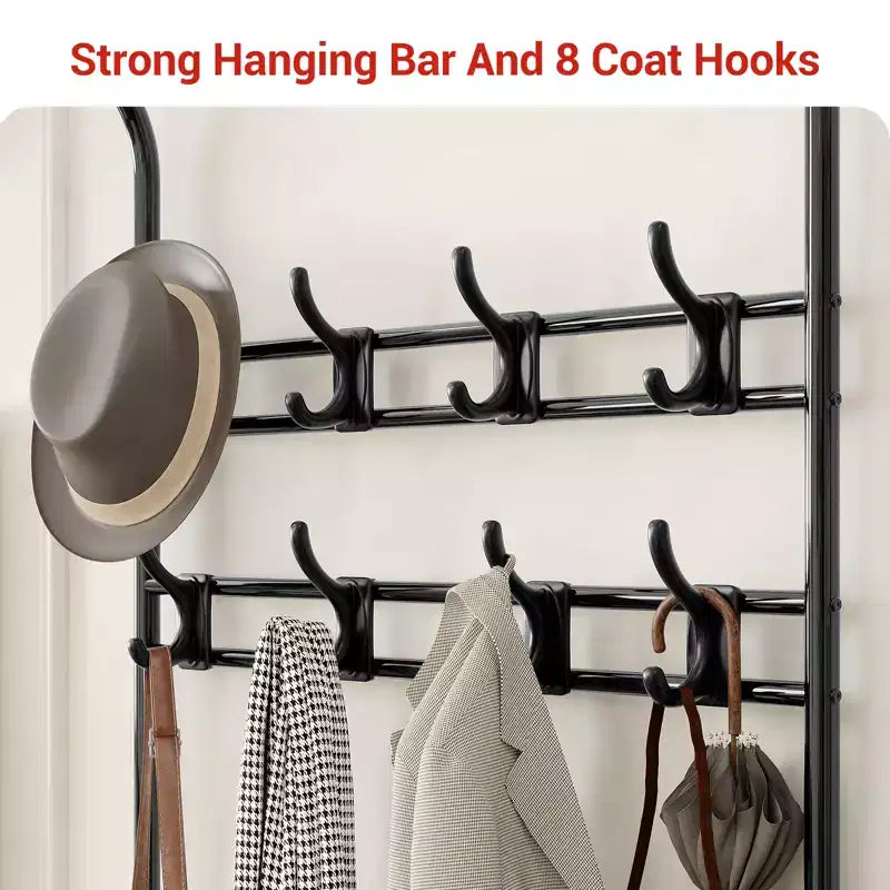 Banc à chaussures avec porte-manteau 4-en-1, banc de rangement pour entrée avec 8 crochets robustes, porte-manteau sur pied pour petits espaces, appartements, chambre à coucher