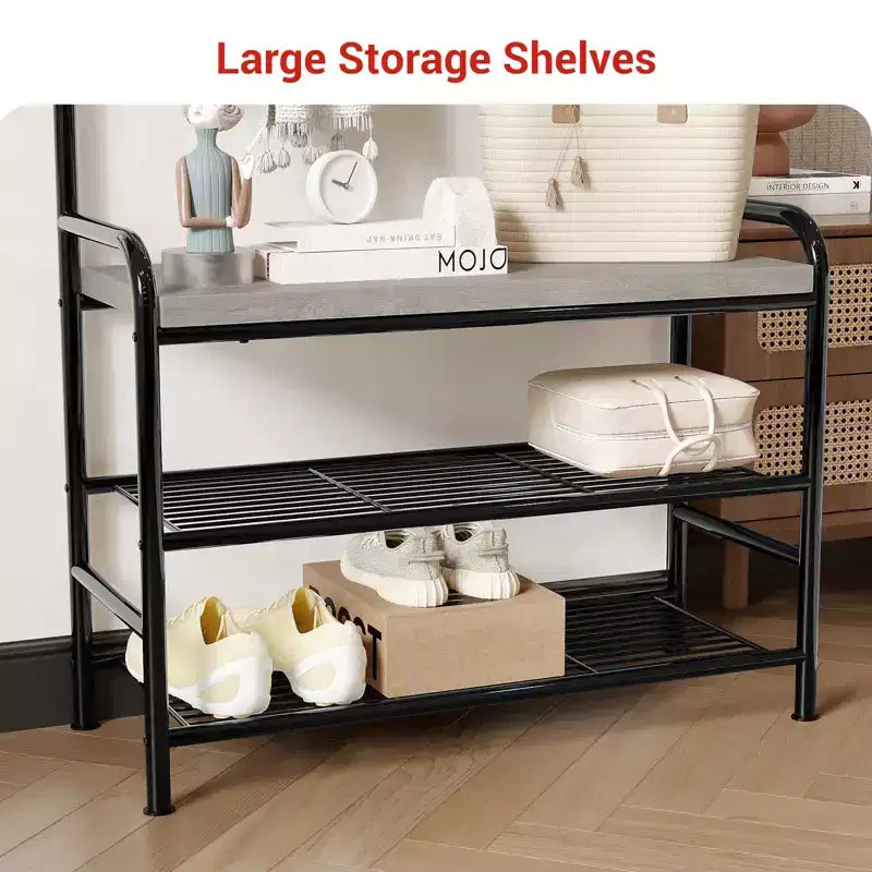 Banc à chaussures avec porte-manteau 4-en-1, banc de rangement pour entrée avec 8 crochets robustes, porte-manteau sur pied pour petits espaces, appartements, chambre à coucher