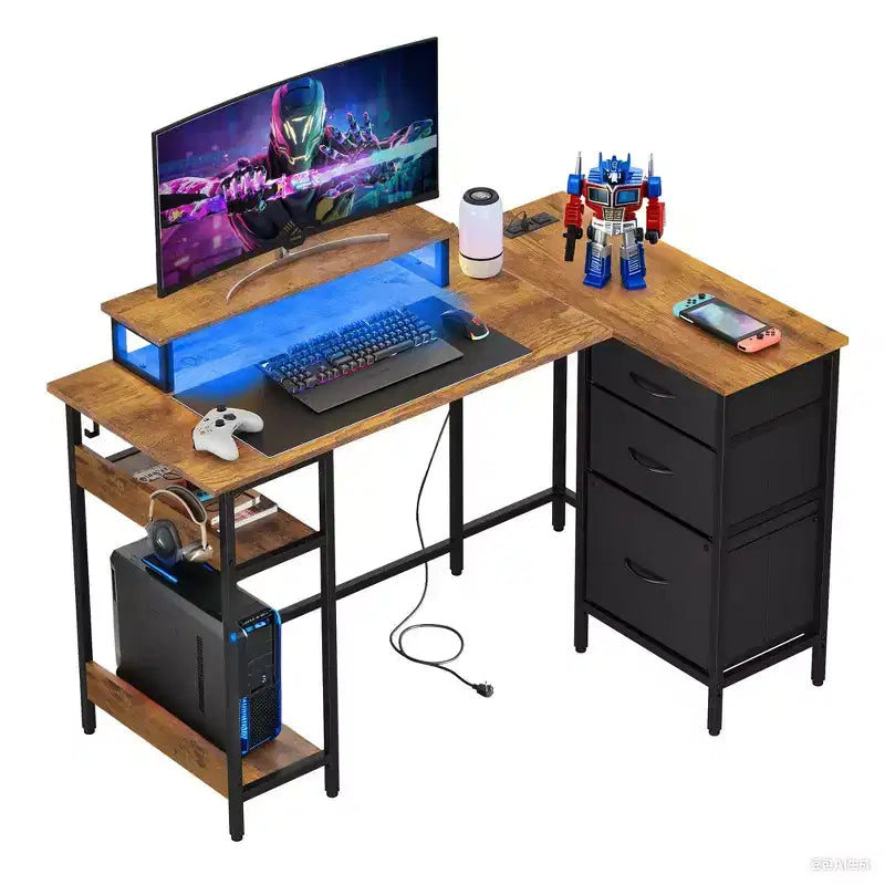 GALAXHERO Bureau Gamer en L de 120 cm, Bureau d'Angle Informatique avec Rangement, Prises de Courant et Lumières LED, Bureau de Travail/Gaming pour Chambre