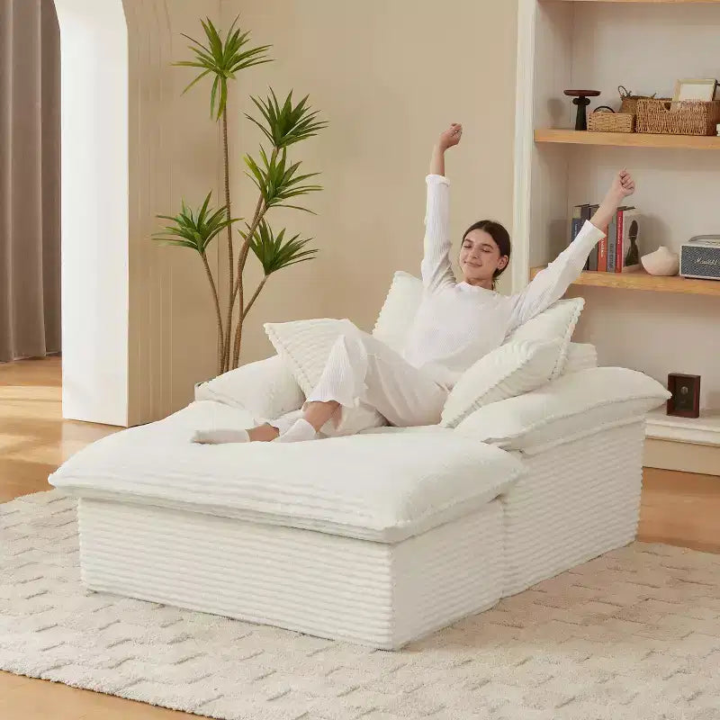 Pexfix 55 po. L Canapé moderne rembourré en velours côtelé une place avec oreillers et repose-pieds, chaise longue pour salon, chambre, appartement, bureau, blanc