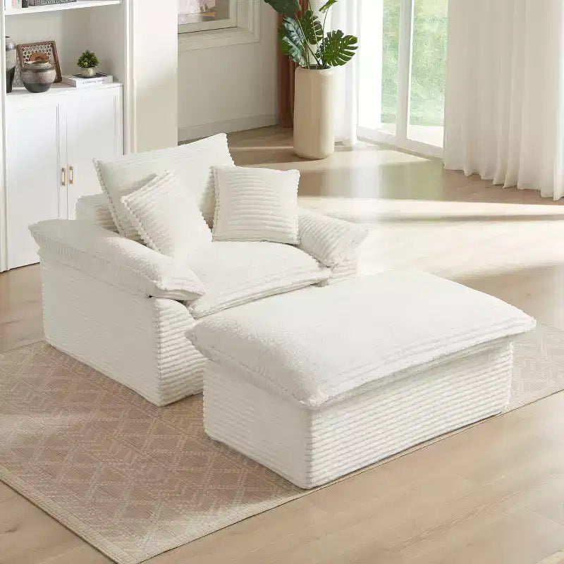 Pexfix 55 po. L Canapé moderne rembourré en velours côtelé une place avec oreillers et repose-pieds, chaise longue pour salon, chambre, appartement, bureau, blanc