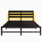 MAYEERTY Lit Queen Size Noir Métal Tête de lit en Bois Cadre de Lit Lumières RVB Chargeur Étagère de Rangement Silencieux Pas de Sommier Tapissier Nécessaire