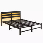 MAYEERTY Lit Queen Size Noir Métal Tête de lit en Bois Cadre de Lit Lumières RVB Chargeur Étagère de Rangement Silencieux Pas de Sommier Tapissier Nécessaire