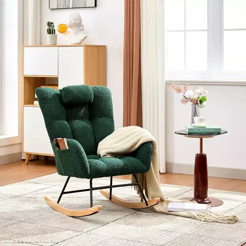 Rocking Chair Nursery Teddy with Pillow&High Backrest Armchair,Fabric Upholstered Accent Chair Nursing Chairs for Living Room, Bedroom