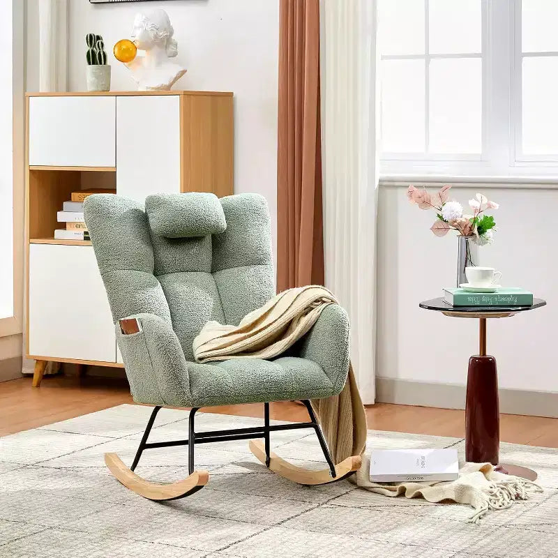 Fauteuil à bascule Teddy avec oreiller et dossier haut, fauteuil d'appoint rembourré en tissu pour chambre d'enfant, salon, chambre à coucher