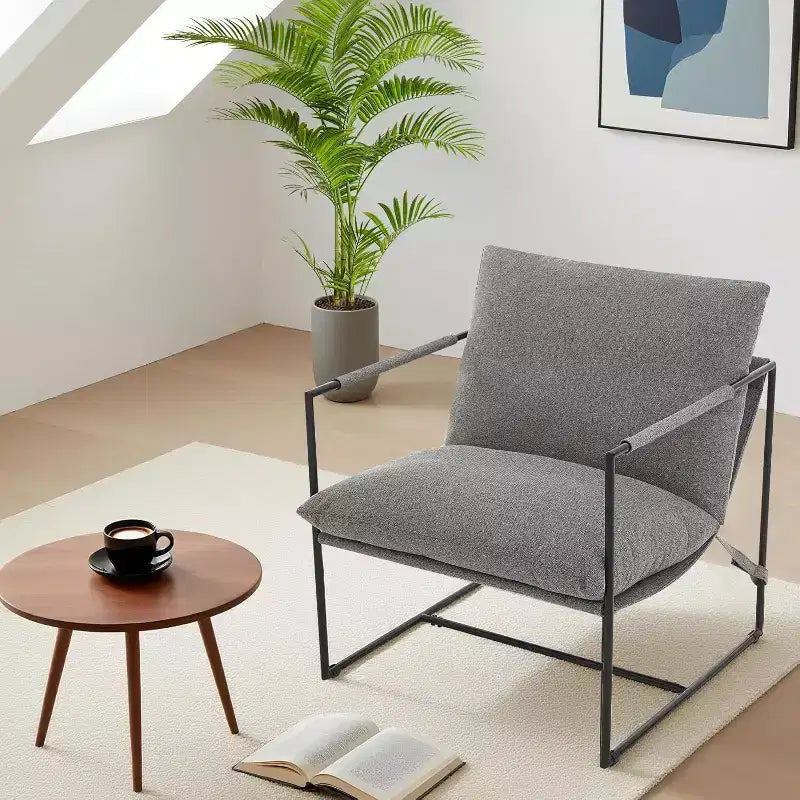 Fauteuil d'appoint suspendu pour salon, fauteuil douillet moderne à cadre métallique, chaises rembourrées avec coussin en mousse déchiquetée, chaise longue