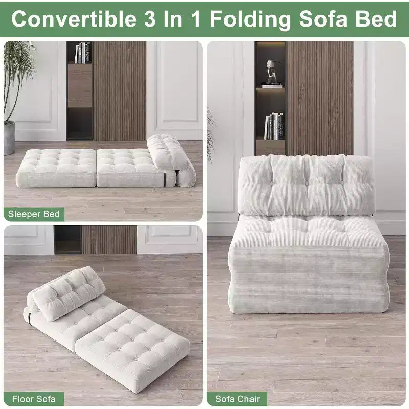 Canapé-lit pliable, canapé pliant au sol pour salon, fauteuil de couchage convertible avec oreiller matelas pliable soutien dorsal, beige