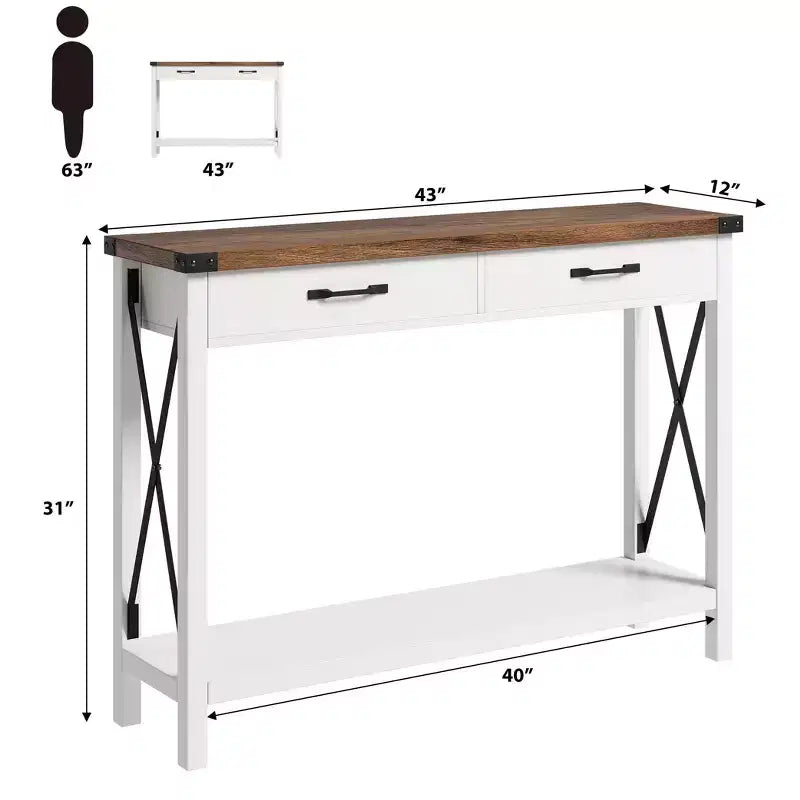 COZONY 43 Table console de ferme avec 2 tiroirs et étagère de rangement à 2 niveaux, table d'entrée et de canapé étroite en bois pour couloir et salon