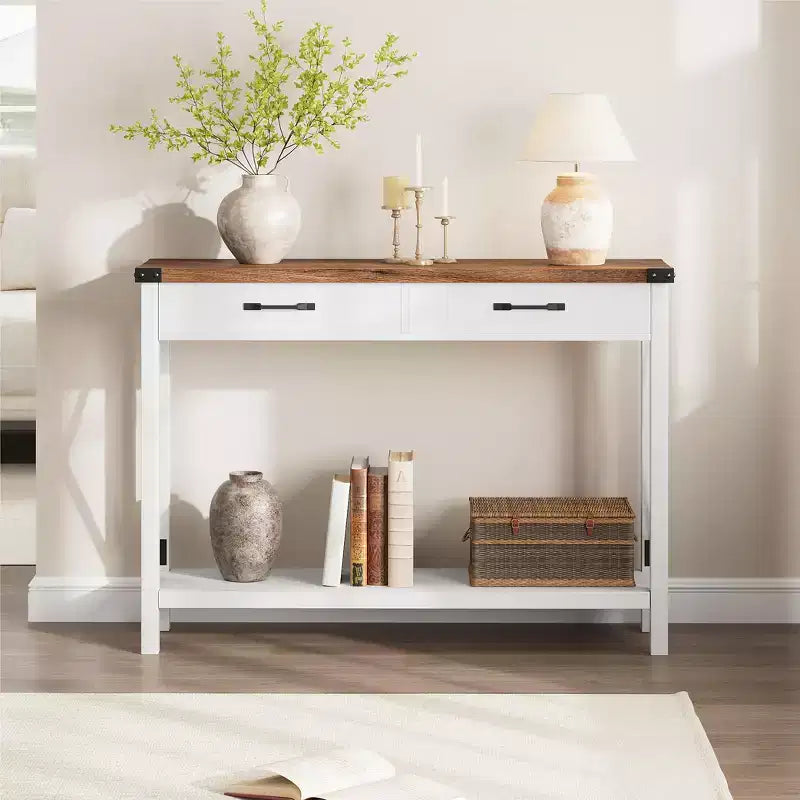 COZONY 43 Table console de ferme avec 2 tiroirs et étagère de rangement à 2 niveaux, table d'entrée et de canapé étroite en bois pour couloir et salon
