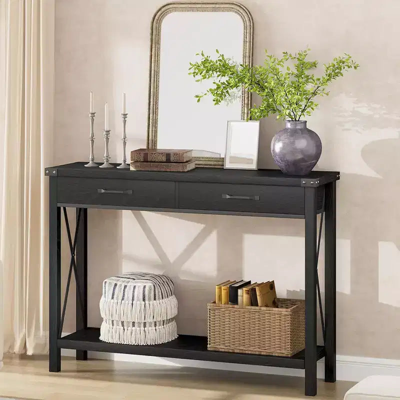 COZONY 43 Table console de ferme avec 2 tiroirs et étagère de rangement à 2 niveaux, table d'entrée et de canapé étroite en bois pour couloir et salon