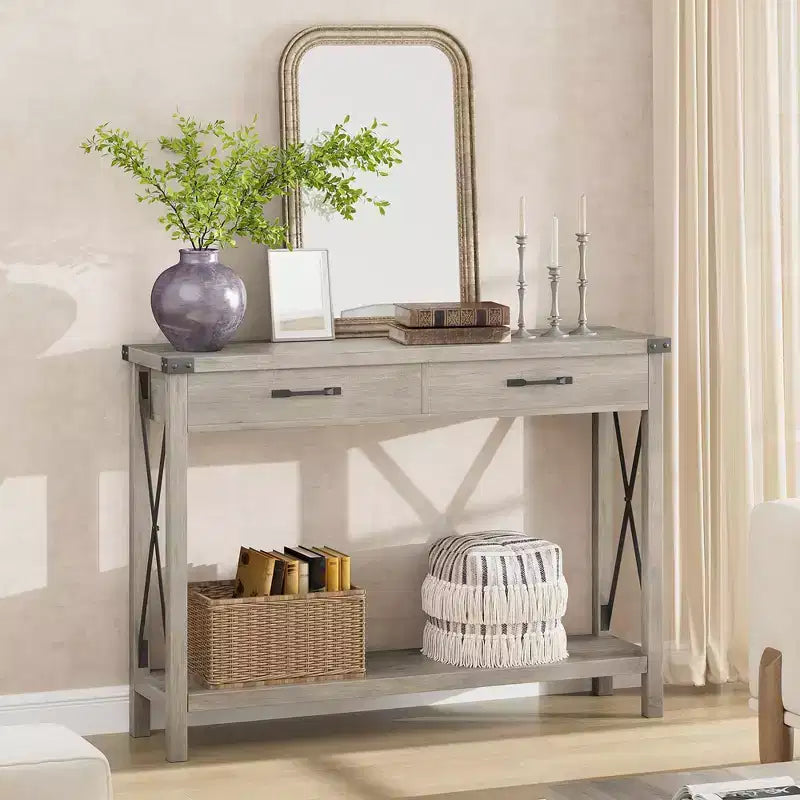 COZONY 43 Table console de ferme avec 2 tiroirs et étagère de rangement à 2 niveaux, table d'entrée et de canapé étroite en bois pour couloir et salon