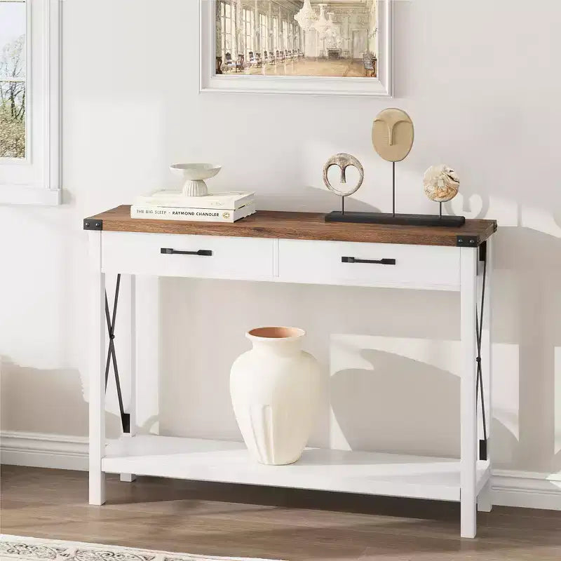 COZONY 43 Table console de ferme avec 2 tiroirs et étagère de rangement à 2 niveaux, table d'entrée et de canapé étroite en bois pour couloir et salon
