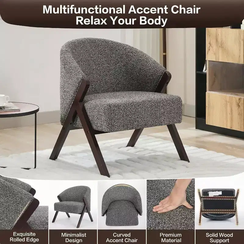 Fauteuil d'appoint moderne du milieu du siècle avec revêtement en tissu bouclette, fauteuil de salon bas pour le salon, la chambre à coucher, chaise de lecture confortable avec cadre en bois