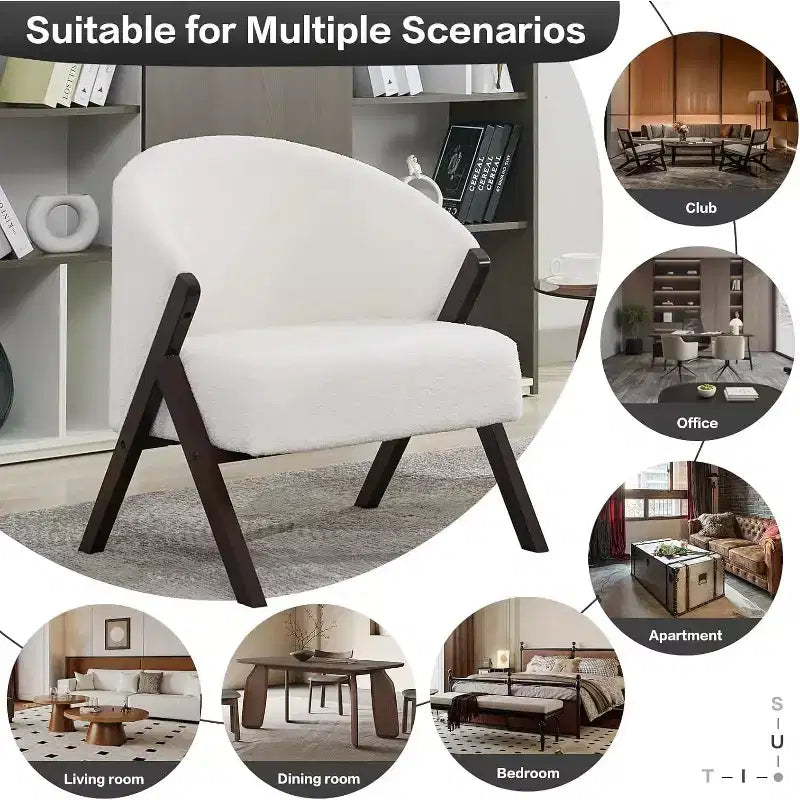Fauteuil d'appoint moderne du milieu du siècle avec revêtement en tissu bouclette, fauteuil de salon bas pour le salon, la chambre à coucher, chaise de lecture confortable avec cadre en bois