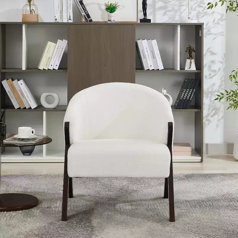 Fauteuil d'appoint moderne du milieu du siècle avec revêtement en tissu bouclette, fauteuil de salon bas pour le salon, la chambre à coucher, chaise de lecture confortable avec cadre en bois