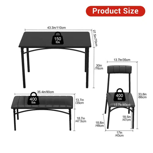 Ensemble de salle à manger 4 pièces avec table, banc et 2 chaises, dinette moderne peu encombrante