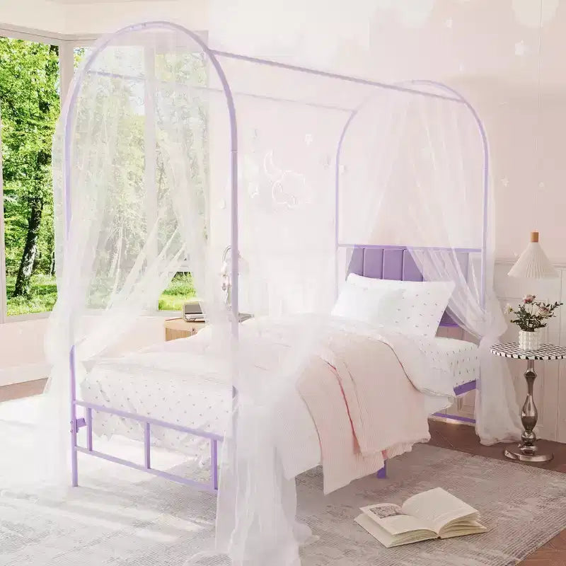 Cadre de lit à baldaquin avec tête de lit capitonnée, lit plateforme décoratif à arche supérieure, espace de rangement sous le lit, aucun sommier tapissier requis