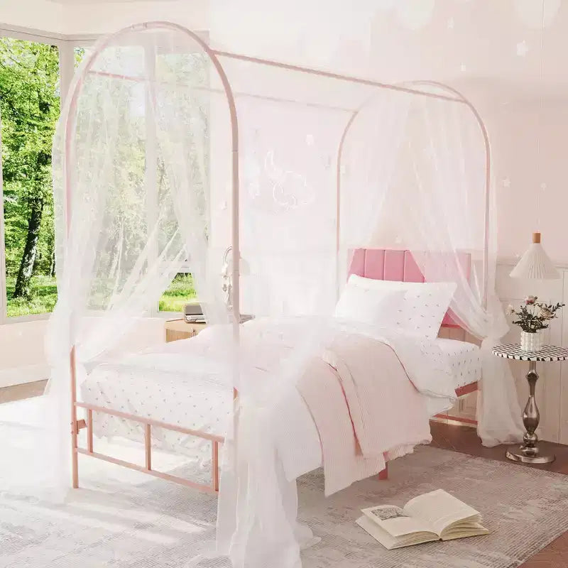 Cadre de lit à baldaquin avec tête de lit capitonnée, lit plateforme décoratif à arche supérieure, espace de rangement sous le lit, aucun sommier tapissier requis