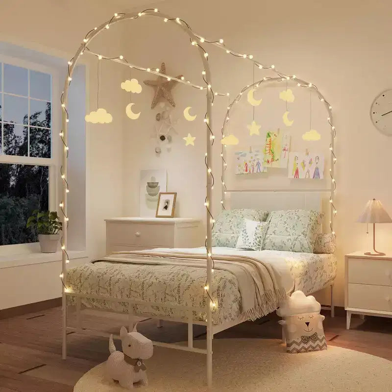 Cadre de lit à baldaquin avec tête de lit capitonnée, lit plateforme décoratif à arche supérieure, espace de rangement sous le lit, aucun sommier tapissier requis