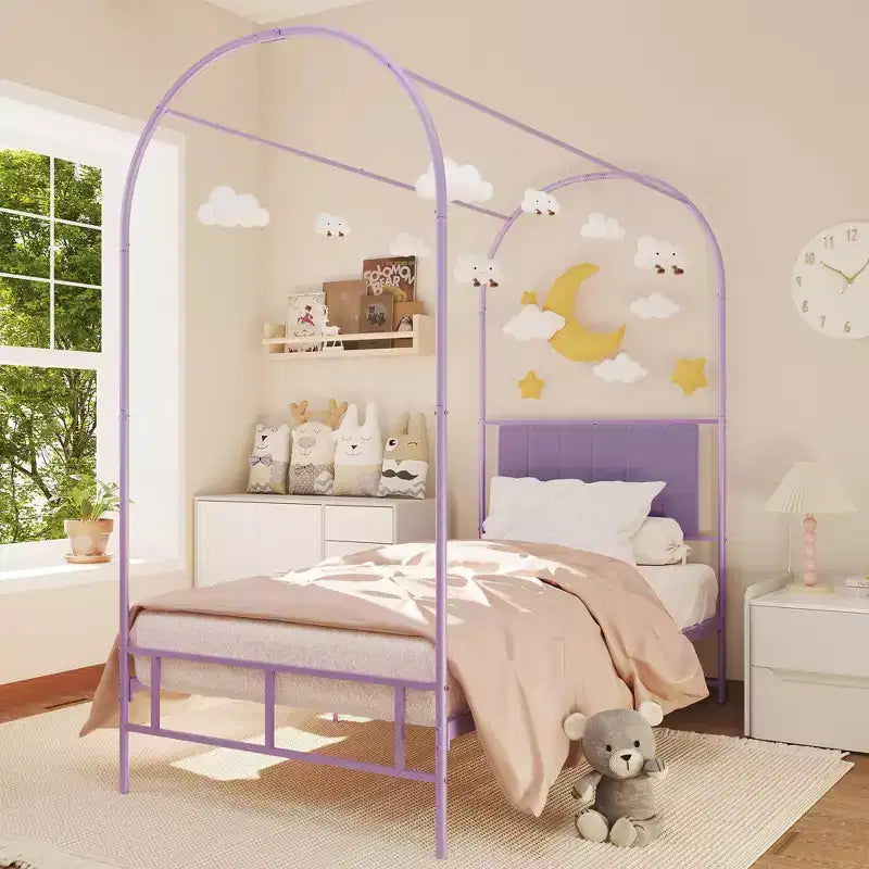Cadre de lit à baldaquin avec tête de lit capitonnée, lit plateforme décoratif à arche supérieure, espace de rangement sous le lit, aucun sommier tapissier requis