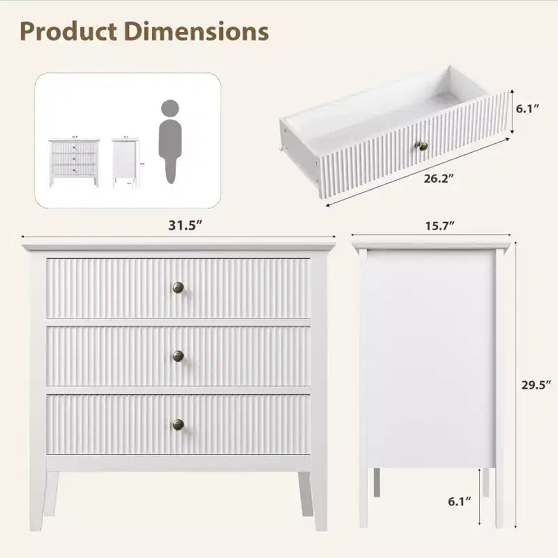 Commode moderne à 3 tiroirs avec design cannelé, sangles anti-basculement et glissières silencieuses pour chambre, salon, salle de bain