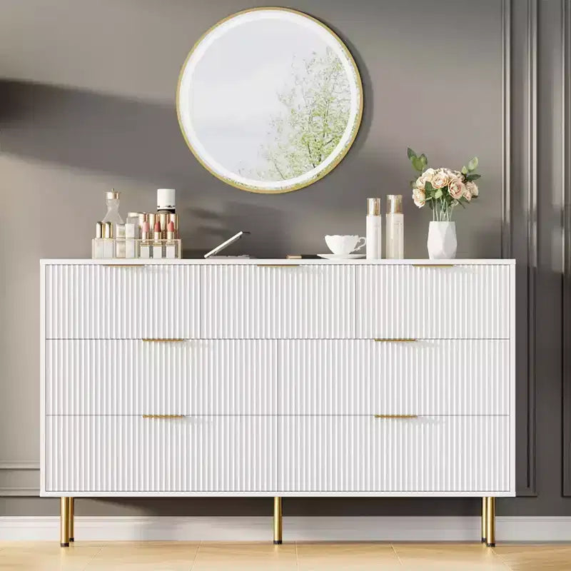 Commode moderne à 7 tiroirs cannelés avec poignées dorées, large commode de rangement en bois pour chambre à coucher, salon, entrée