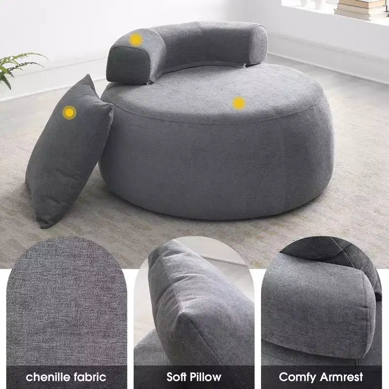 Fauteuil d'appoint rond surdimensionné GustoWave, canapé moderne rembourré avec oreillers, fauteuil de loisirs confortable pour salon, tissu chenille, gris clair