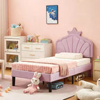 VECELO Upholstered Crown-Shaped Kids Bed Frame Wooden Platform Bed with Adjustable Headboard, No Box Spring Needed