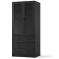 69.5 Inch Armoire Wardrobe Closet, Wooden Wardrobe Cabinet with 3 Drawers, Hanging Rod, 2 Doors, Clothing Storage Cabinet for Bedroom, Rattan Door