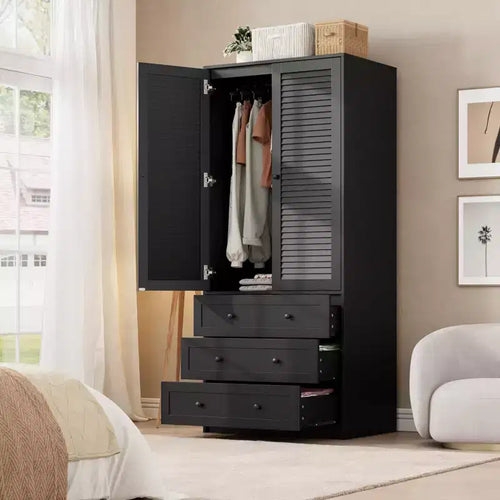 Armoire de 176,5 cm, armoire penderie en bois avec 3 tiroirs, tringle à vêtements, 2 portes, armoire de rangement pour vêtements pour chambre à coucher, porte en rotin