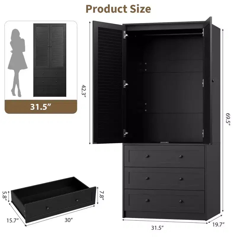Armoire de 176,5 cm, armoire penderie en bois avec 3 tiroirs, tringle à vêtements, 2 portes, armoire de rangement pour vêtements pour chambre à coucher, porte en rotin