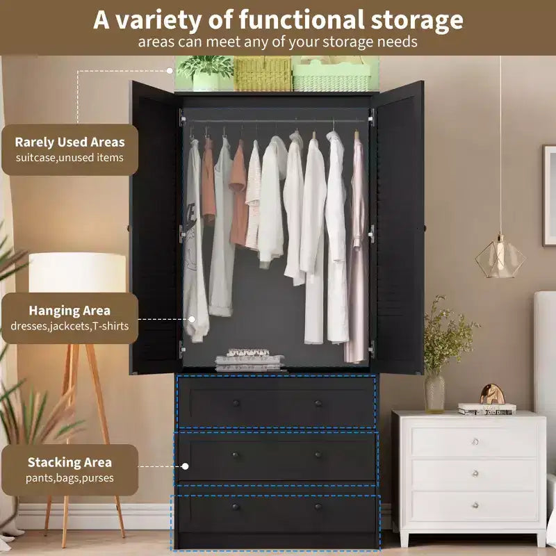 Armoire de 176,5 cm, armoire penderie en bois avec 3 tiroirs, tringle à vêtements, 2 portes, armoire de rangement pour vêtements pour chambre à coucher, porte en rotin