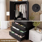 Armoire de 176,5 cm, armoire penderie en bois avec 3 tiroirs, tringle à vêtements, 2 portes, armoire de rangement pour vêtements pour chambre à coucher, porte en rotin